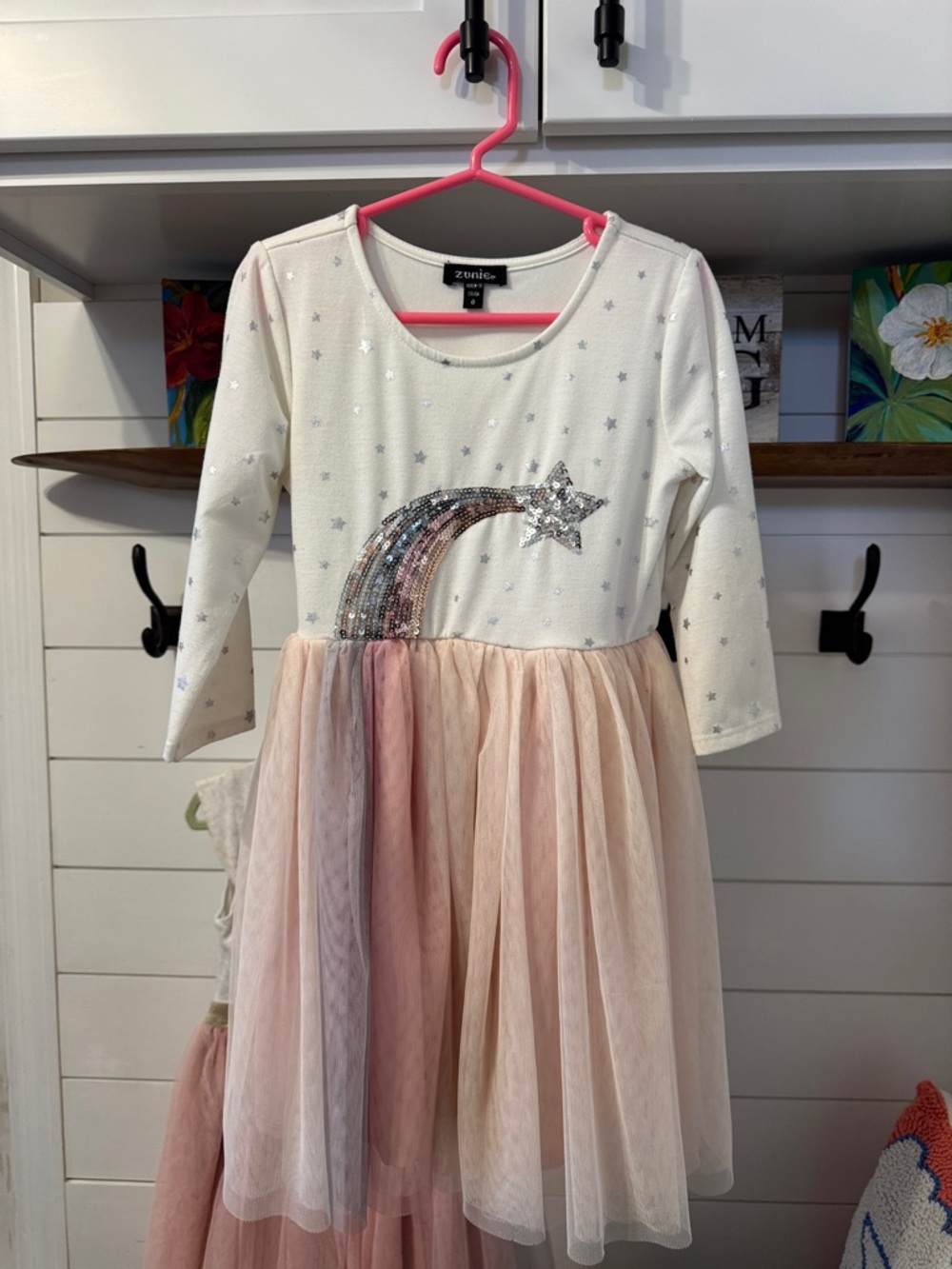 Zunie Cream Top Pink Blush Rainbow Sequin Tulle Dress